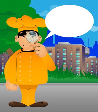 Üniformalı şişman erkek çizgi film şefi elinde büyüteç tutuyor. Vektör illüstrasyonu.