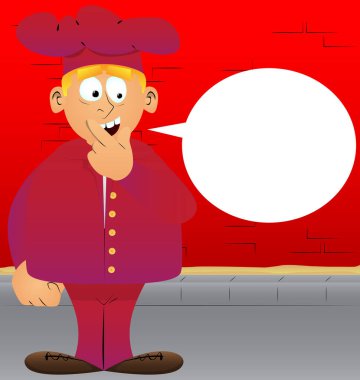 Üniformalı şişman erkek karikatür şefi parmağını ağzının önünde tutuyor. Vektör illüstrasyonu.