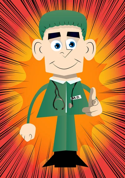 Grappige Tekenfilmdokter Die Naar Kijker Wijst Met Zijn Hand Vectorillustratie — Stockvector