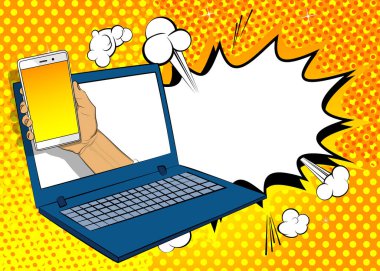 Çizgi film Akıllı Telefon ve boş konuşma balonlu dizüstü bilgisayar, çizgi roman bilgisayarı arka planı. Retro vektör çizgi romanları pop sanat tasarımı.