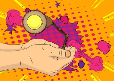 Çizgi roman, çizgi roman insan eli ofis lambasını tutuyor. Retro vektör çizgi romanları pop sanat tasarımı.