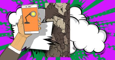 Çizgi roman, çizgi roman, ofis lambasıyla telefon. Retro vektör çizgi romanları pop sanat tasarımı.