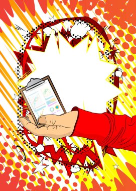 Çizgi film, çizgi roman insan eli iş raporu. Retro vektör çizgi romanları pop sanat tasarımı.