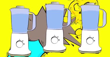 Çizgi film yiyecek karıştırıcısı, çizgi roman aletleri videosu. Retro çizgi roman pop sanat tasarımı animasyonu.