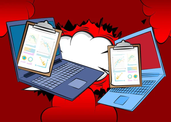 Çizgi dizüstü bilgisayar, iş raporlu çizgi roman defteri. Retro vektör çizgi romanları pop sanat tasarımı.