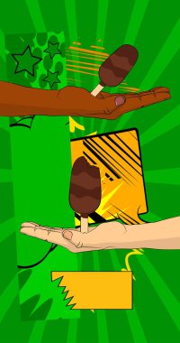 Çizgi film, çizgi roman insan eli dondurma tutuyor. Retro vektör çizgi romanları pop sanat tasarımı.