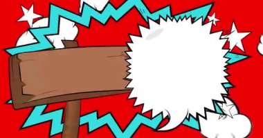 Boş konuşma balonlu tahta tabela, çizgi roman Timber Placard videosu. Retro çizgi roman pop sanat animasyonu.