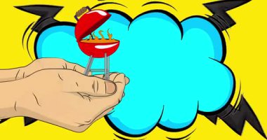 Çizgi roman, çizgi roman insan eli barbekü ızgarasında odun yakıyor. Retro video, çizgi roman pop sanat animasyonu.