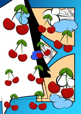 Kiraz çizgi filmi, çizgi roman meyvesi. Retro vektör çizgi romanları pop sanat tasarımı.