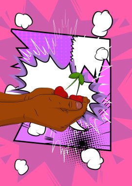 Çizgi film, çizgi roman insan eli Cherry 'i tutuyor. Retro vektör çizgi romanları pop sanat tasarımı.