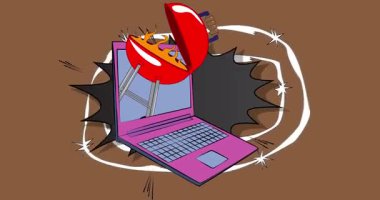 Çizgi dizüstü bilgisayar, barbekü ızgaralı çizgi roman defteri. Retro çizgi roman pop sanat animasyonu.