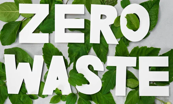 ゼロ廃棄紙テキストWitjグレーの背景に緑の葉 — ストック写真