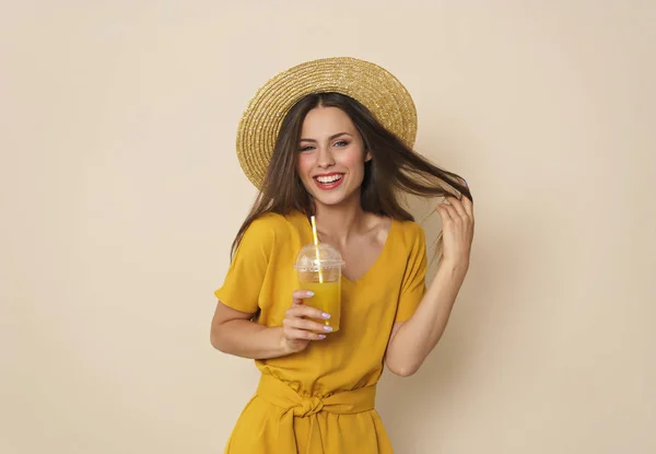 Young Woman Holding Juice Background — Stock Photo, Image