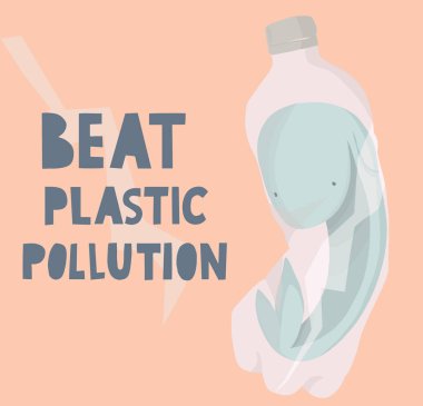 Plastik kirliliği, handdrawn illüstrasyon - plastik şişe içinde balina yendi
