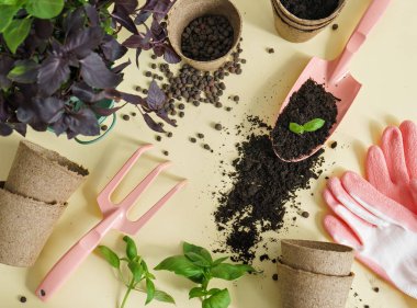 sarı zemin üzerine Bahçe aletleri bileşimi