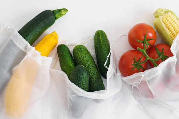 Fresh Raw Vegetables Textile Bags Zero Waste Concept — Stock Photo, Image