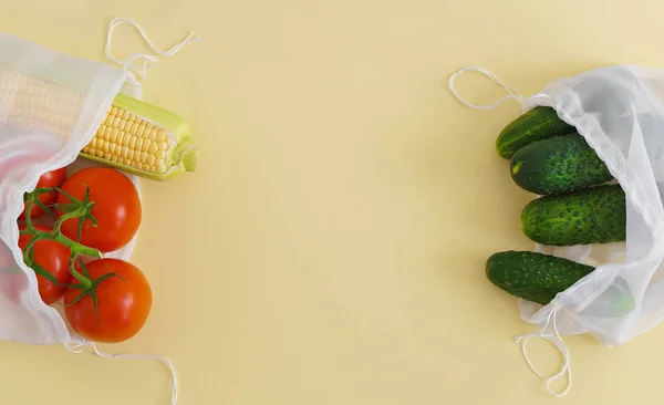 Verduras Crudas Frescas Bolsas Textiles Concepto Cero Residuos — Foto de Stock