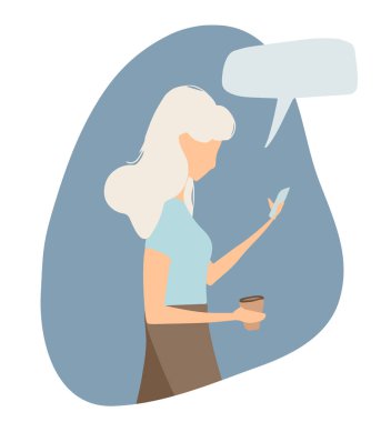 Cep telefonu kullaranarak ve kahve fincanı tutan elle çizilmiş kadın karakter vektör çizim