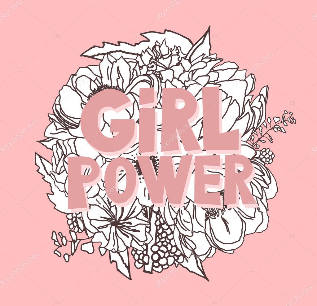 feministic hand drawn vector illustration with quote - girl powe