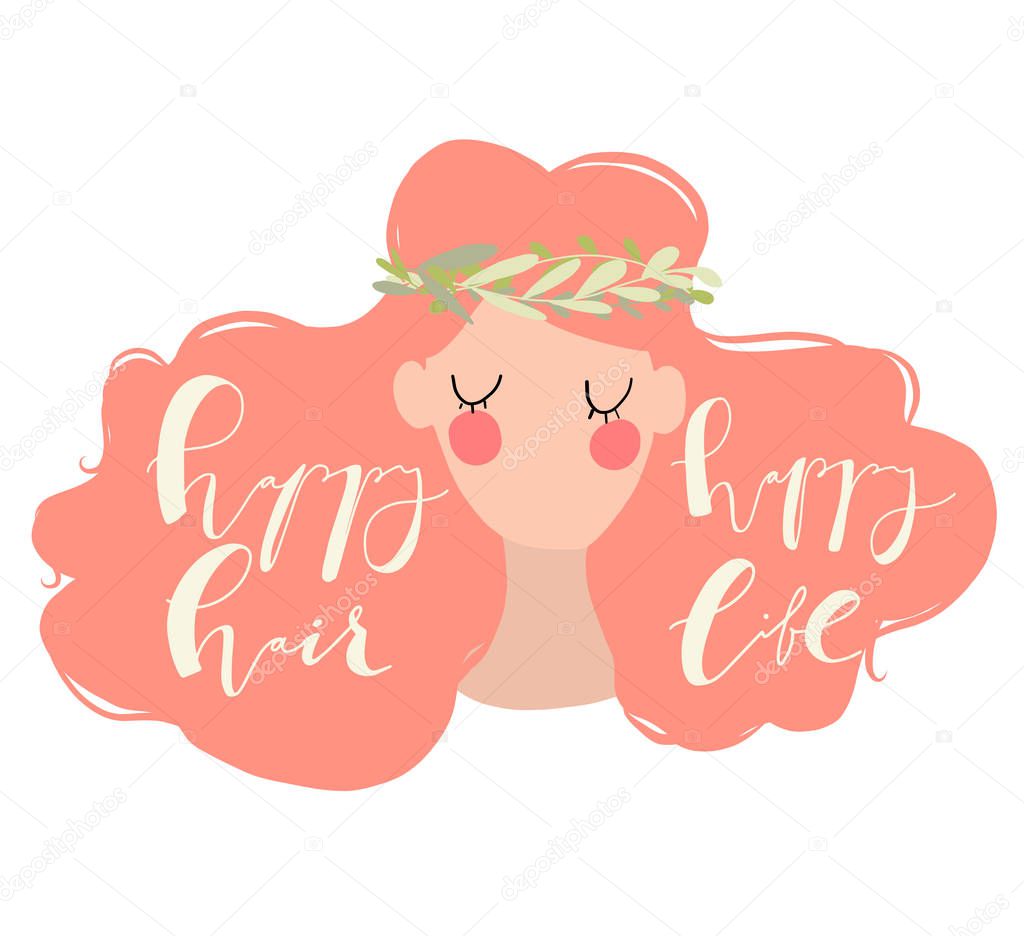 illustration of woman with red curly hair and qoute happy hair happy life