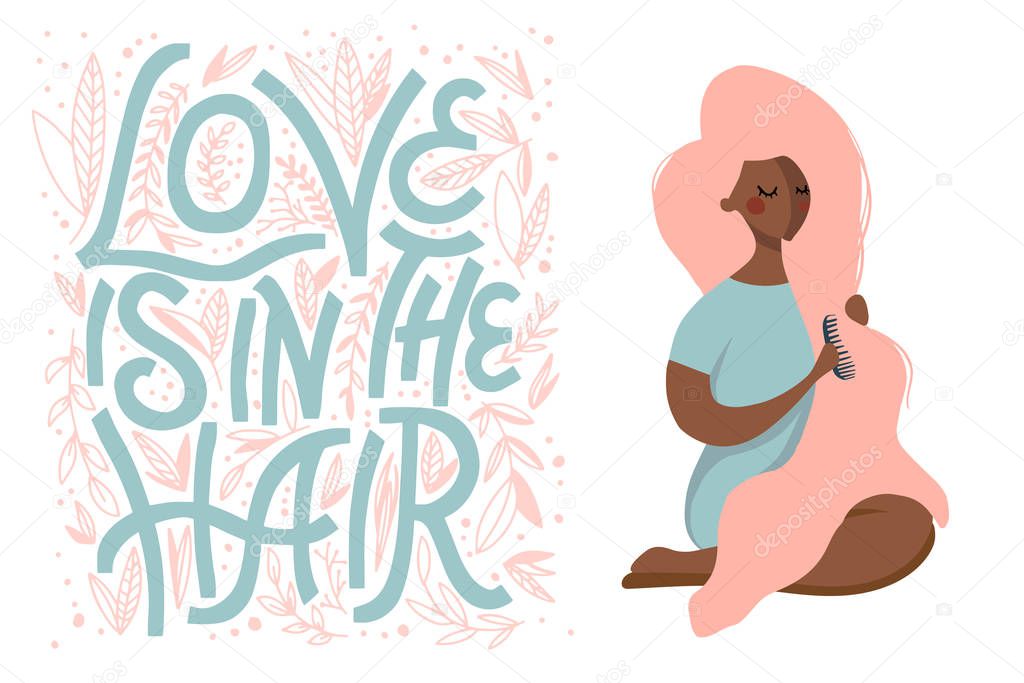 illustration of woman with long pink hair and qoute love is in the hair 