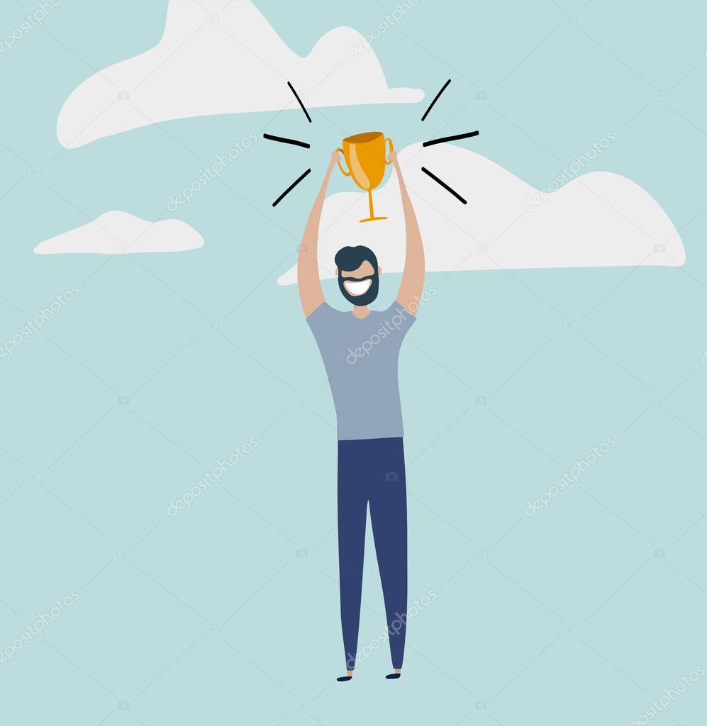 illustration of happy man holding gold award cup