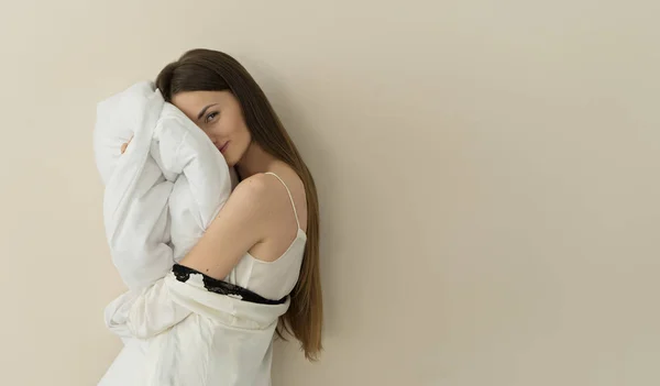Portrait Young Brunette Woman Holding Pillow Head — Stock Photo, Image