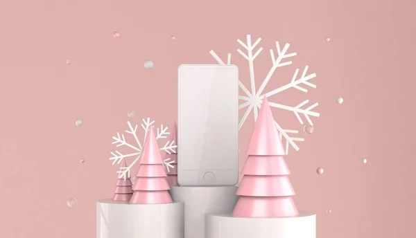 abstract 3D render illustration, christmas concept,  copy space for text, decorations and smartphone on pink background