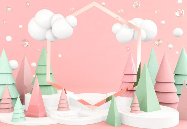 abstract 3D render illustration, christmas concept,  copy space for text, many trees on pink background