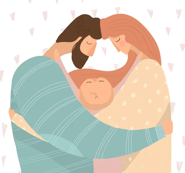 Vectorillustratie Van Gelukkige Jonge Ouders Hun Baby Knuffelen — Stockvector