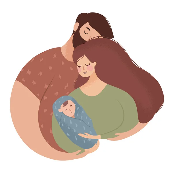 Vector Illustration Happy Young Parents Hugging Baby — Stock Vector