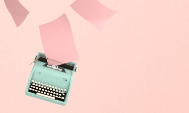 3D render illüstrasyon, hikaye anlatımı kavramı, pembe bir arka plan üzerinde kağıt yaprakları ile retro mavi daktilo  