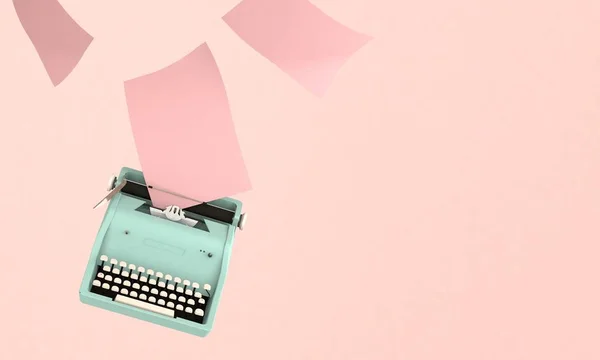 Визуализация Концепция Повествования Ретро Голубая Пишущая Машинка Бумажными Листами Розовом — стоковое фото