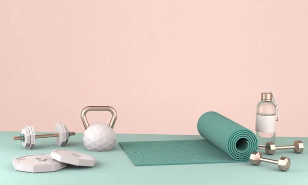 spor malzemeleri - yoga mat, bir şişe su, halter, ağırlıkları katta 3D render.  