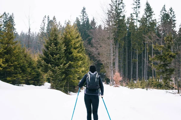 Jovem Mulher Esportes Andar Paisagem Inverno Walking Turista Viagem Montanhas — Fotografia de Stock