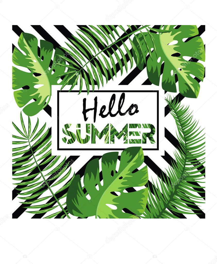 Hello Summer vector illustration, background. Fun quote hipster design logo or label. Hand lettering inspirational typography poster, banner.