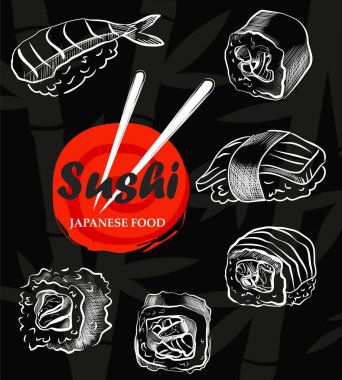 Sushi menü kroki kapak. Vektör klip sanat çizim.