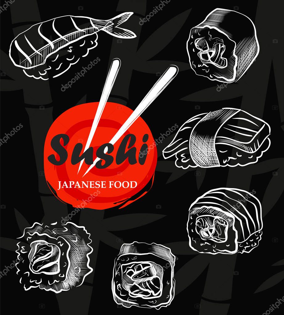 Sushi menu sketch cover.Vector clip art illustration.