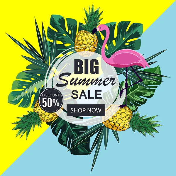 Yaz satış afiş kağıt ile kesmiş flamingo ve tropikal arka plan, egzotik çiçek yaprakları