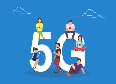 Büyük 5 g sembolün üzerine oturan becerikli alet ile düz insanlar