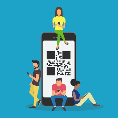 Vector illustration of people using mobile smartphones for online ordering and purchasing goods scanning qr-code on promo banners. clipart