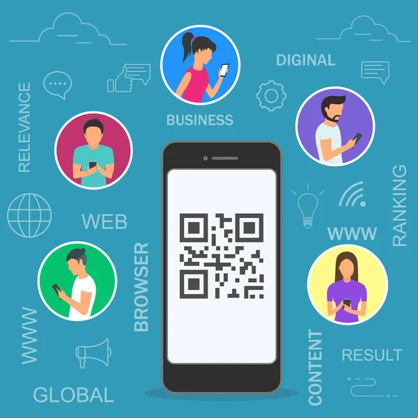 Vector illustratie van mensen met behulp van mobiele smartphones voor online bestellen en kopen van goederen scannen QR-code op promo banners. — Stockvector