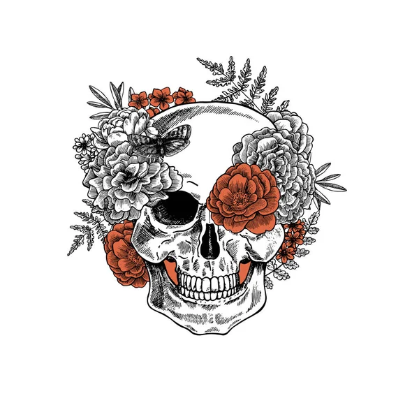 Tattoo anatomy vintage floral skull illustration. Floral skeleton.  illustration