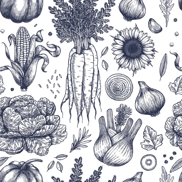 Autumn vegetables seamless pattern. Handsketched vintage vegetables. Line art illustration.