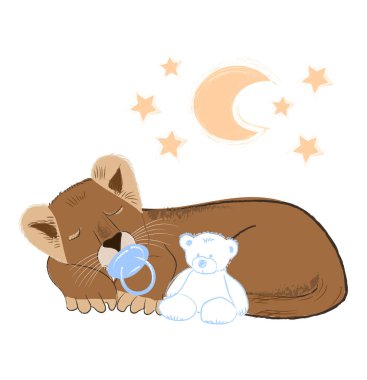 Yeni Doğum - beyaz arka plan üzerinde izole kutlama bir şirin bebek aslan ile çizilmiş vektör çizim el