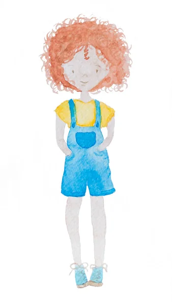 Enfant Mignon Heureux Fille Aux Cheveux Roux Bouclés Illustration Aquarelle — Photo