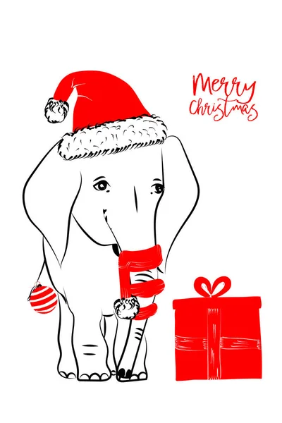 Handgezeichnete Vektorillustration Mit Einem Niedlichen Baby Elefanten Der Fröhliche Weihnachten — Stockvektor