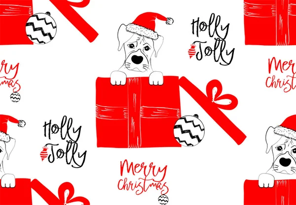 손으로 일러스트 크리스마스 배경으로 패턴을 귀여운 강아지와 — 스톡 벡터