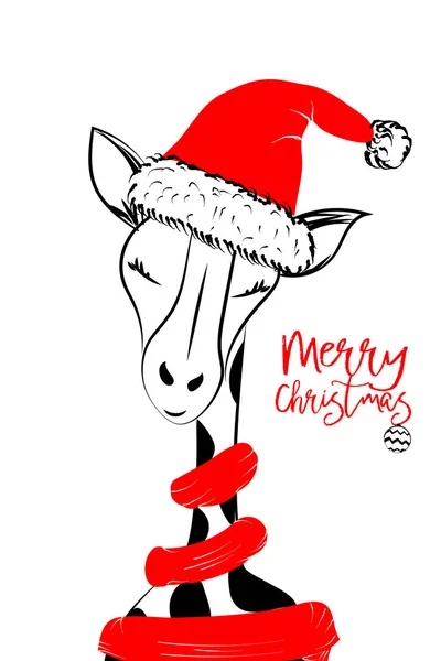 Handgezeichnete Monochrome Vektorillustration Mit Einer Niedlichen Giraffe Die Frohe Weihnachten — Stockvektor