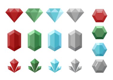Kristalleri kümesi: elmas, yakut, zümrüt ve aquamarines kırmızı, mavi, yeşil ve gri beyaz bir arka plan üzerine dört farklı formları ile düz bir tarzda.